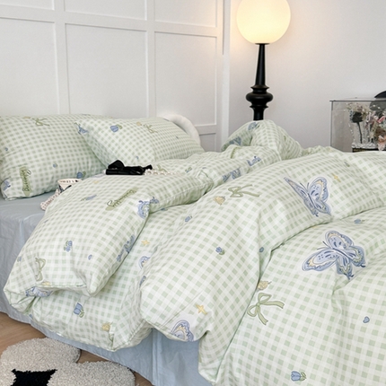 昔可 2024新款全棉蝴蝶印花系列四件套 绿格琉璃蝴蝶