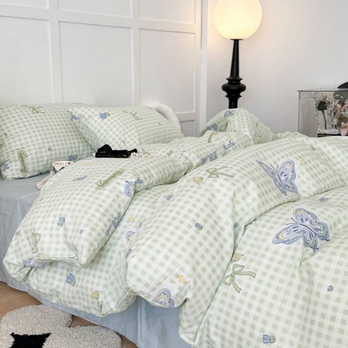 91家纺网 家纺一手货源 找家纺 昔可 2024新款全棉蝴蝶印花系列四件套 绿格琉璃蝴蝶