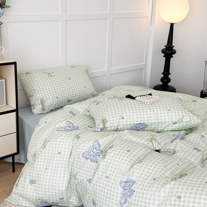 91家纺网 家纺一手货源 找家纺 昔可 2024新款全棉蝴蝶印花系列四件套 绿格琉璃蝴蝶