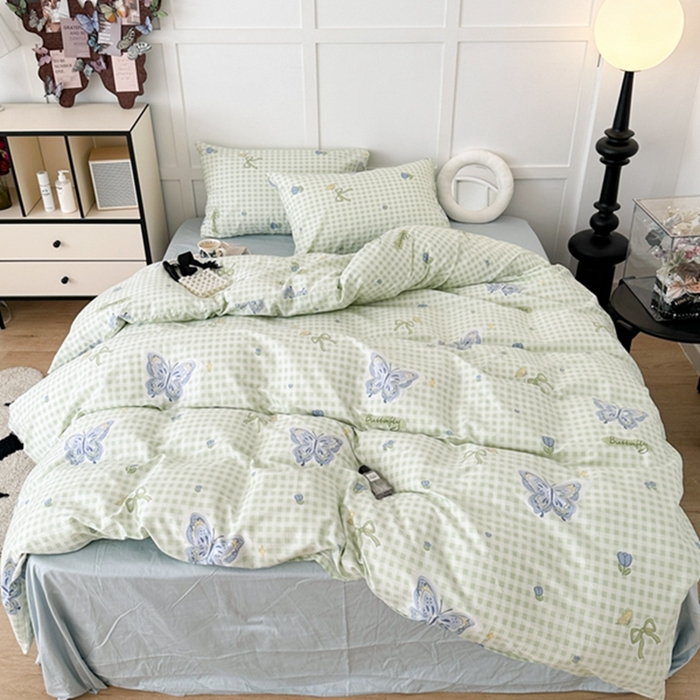 91家纺网 家纺一手货源 找家纺 昔可 2024新款全棉蝴蝶印花系列四件套 绿格琉璃蝴蝶