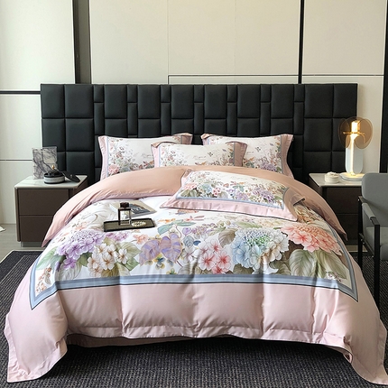 91家纺网 家纺一手货源 找家纺 东方名伶 2024新款50S全棉数码印花长绒棉四件套 静若幽兰-粉