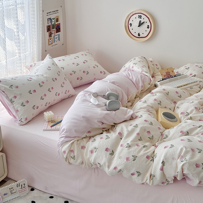 91家纺网 家纺一手货源 找家纺 希丞家居 2024新款小清新高克重提花水洗棉四件套（提供买家秀） 郁金香