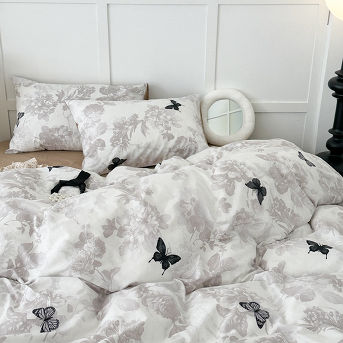 91家纺网 家纺一手货源 找家纺 昔可 2024新款全棉蝴蝶印花系列四件套 水墨花黑蝴蝶