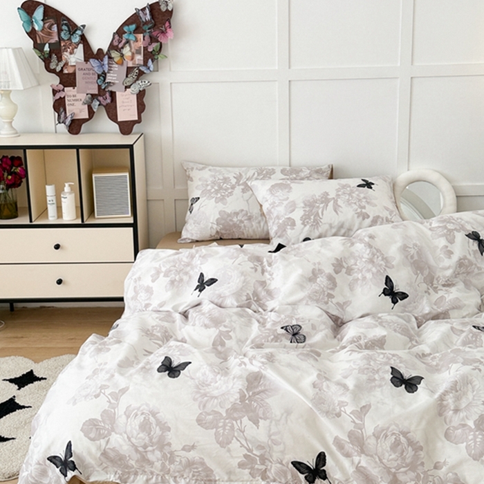 91家纺网 家纺一手货源 找家纺 昔可 2024新款全棉蝴蝶印花系列四件套 水墨花黑蝴蝶