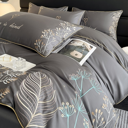 91家纺网 家纺一手货源 找家纺  2024新款100支长绒棉四件套全棉纯棉重工刺绣天丝棉床单床笠款丝滑裸睡床上用品 菲洛拉-深灰色