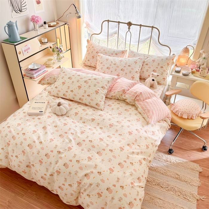 91家纺网 家纺一手货源 找家纺 名兮 2024新款全棉亲肤印花四件套 彩虹小熊