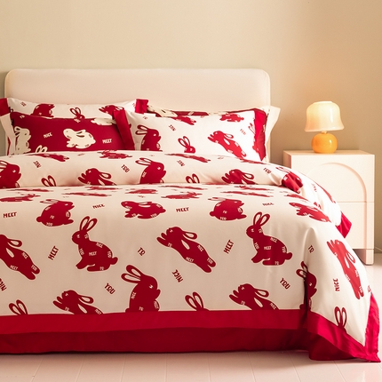 91家纺网 家纺一手货源 找家纺  【婚嫁新品】100支长绒棉四件套全棉纯棉北欧风印花床上用品轻奢风床笠款 meet兔 新妍玉