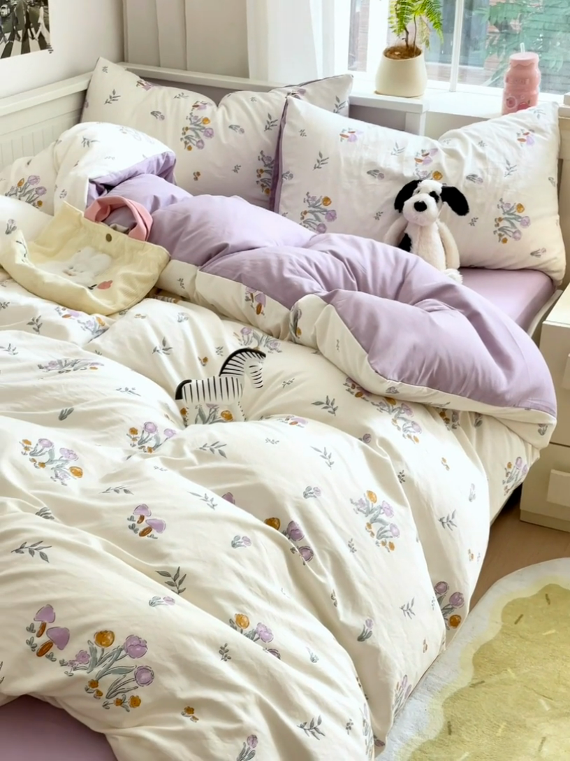 91家纺网 家纺一手货源 找家纺 沐芷 2024微皱超柔手感105g印花水洗棉四件套床上宿舍三件套床单被套 小花园