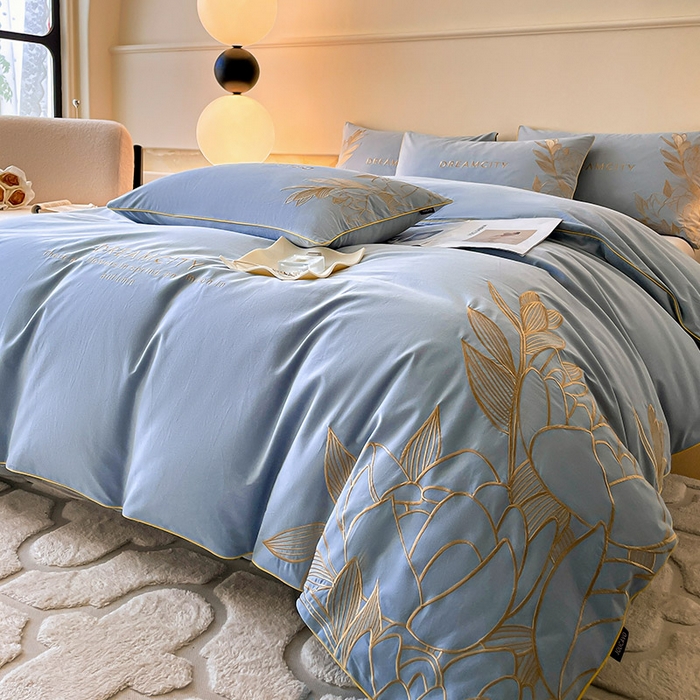 91家纺网 家纺一手货源 找家纺  【提供检测报告】A类母婴级全棉加厚保暖磨毛四件套纯棉高精密刺绣长绒棉床上用品轻奢风 芙蓉-克莱因蓝