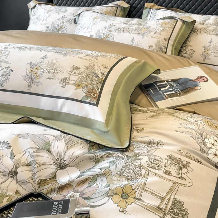 91家纺网 家纺一手货源 找家纺 东方名伶 2024新款50S全棉数码印花长绒棉四件套 浮生若梦-绿