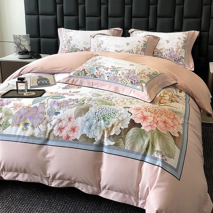 91家纺网 家纺一手货源 找家纺 东方名伶 2024新款50S全棉数码印花长绒棉四件套 静若幽兰-粉