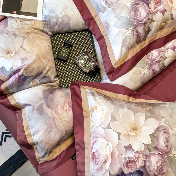 91家纺网 家纺一手货源 找家纺 东方名伶 2024新款50S全棉数码印花长绒棉四件套 玫瑰物语-红