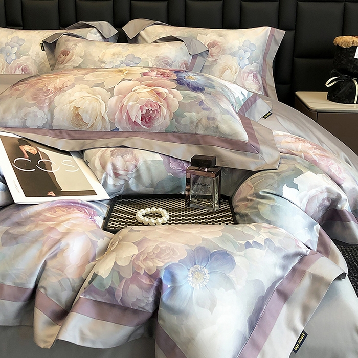 91家纺网 家纺一手货源 找家纺 东方名伶 2024新款50S全棉数码印花长绒棉四件套 玫瑰物语-紫