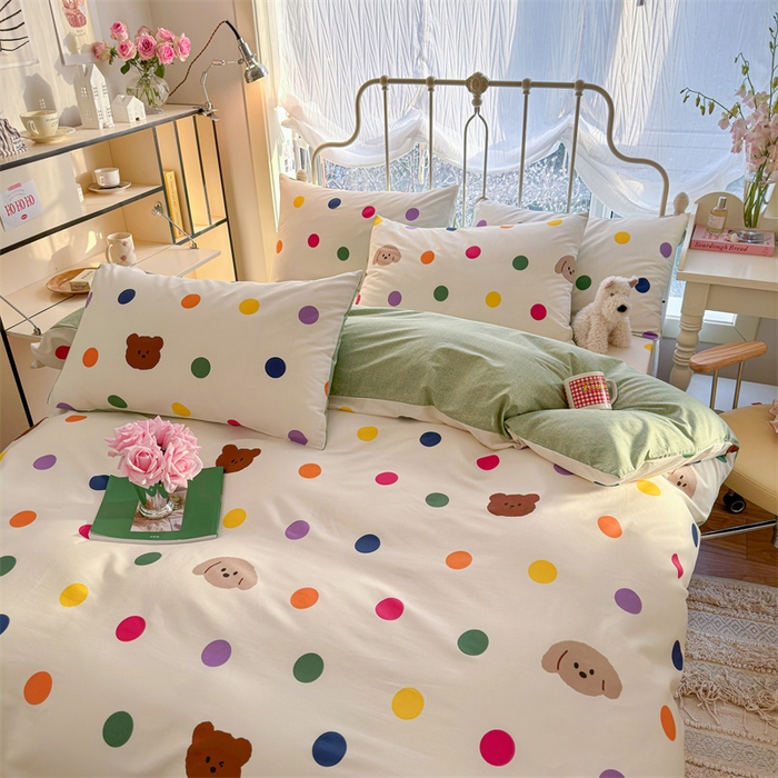 91家纺网 家纺一手货源 找家纺 名兮 2024新款全棉亲肤印花四件套 波点小熊