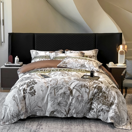 91家纺网 家纺一手货源 找家纺 东方名伶 2024新款50S全棉数码印花长绒棉四件套 境玉森林-咖