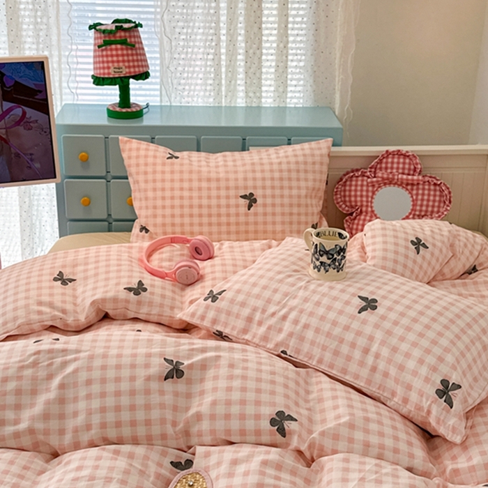 91家纺网 家纺一手货源 找家纺 昔可 2024新款全棉蝴蝶印花系列四件套 粉格蝴蝶