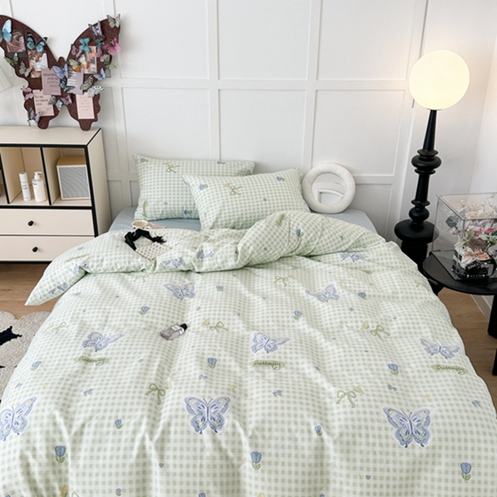 91家纺网 家纺一手货源 找家纺 昔可 2024新款全棉蝴蝶印花系列四件套 绿格琉璃蝴蝶