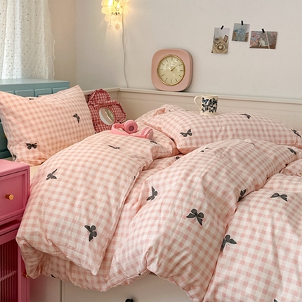 昔可 2024新款全棉蝴蝶印花系列四件套 粉格蝴蝶