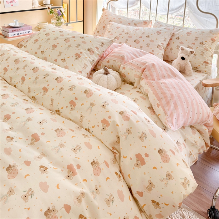 91家纺网 家纺一手货源 找家纺 名兮 2024新款全棉亲肤印花四件套 彩虹小熊