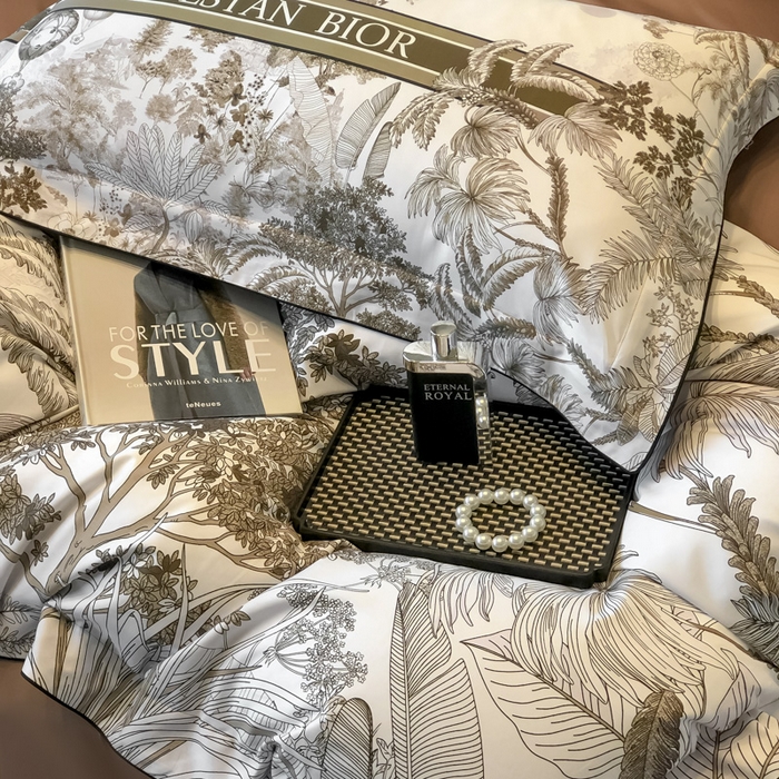 91家纺网 家纺一手货源 找家纺 东方名伶 2024新款50S全棉数码印花长绒棉四件套 境玉森林-咖