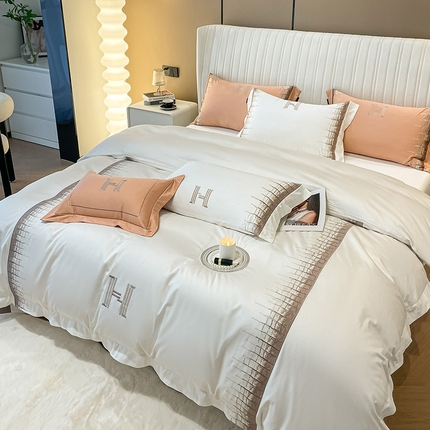  【奢侈品同款】100支长绒棉轻奢风贡缎四件套全棉纯棉真丝般床单被套高精密刺绣床上用品 喜马拉雅-贵族白