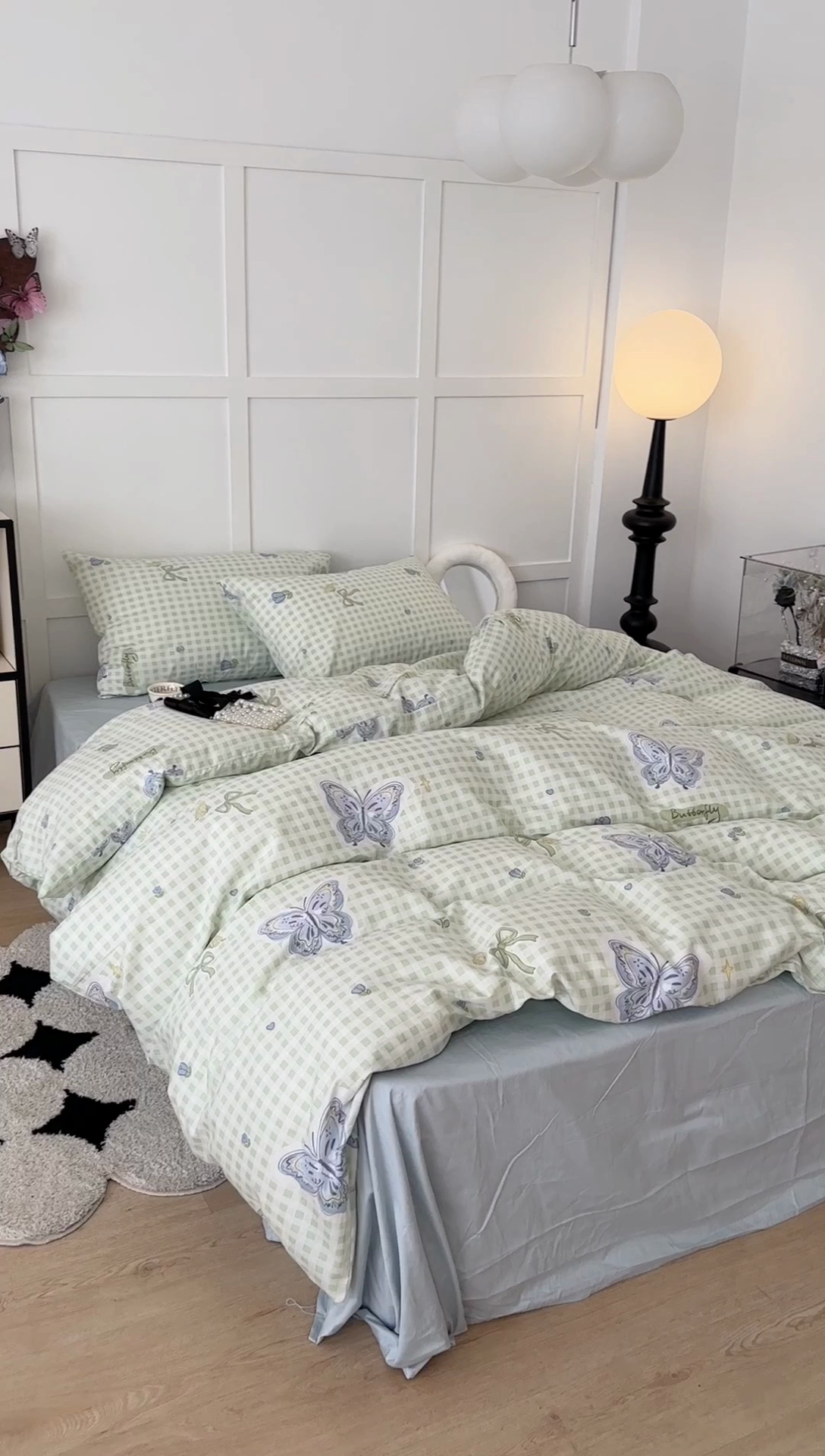 91家纺网 家纺一手货源 找家纺 昔可 2024新款全棉蝴蝶印花系列四件套 绿格琉璃蝴蝶