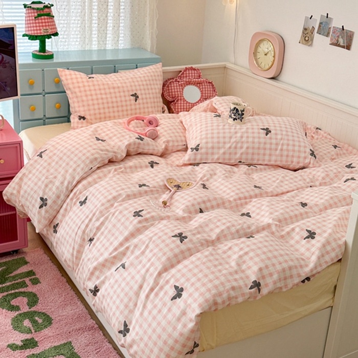 91家纺网 家纺一手货源 找家纺 昔可 2024新款全棉蝴蝶印花系列四件套 粉格蝴蝶