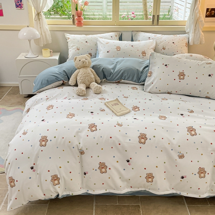 91家纺网 家纺一手货源 找家纺 玉海棠 2024新款AB版软糯针织棉印花四件套 饼干熊-