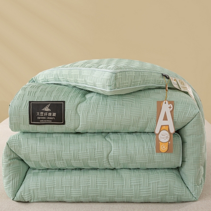 91家纺网 家纺一手货源 找家纺 居易简 2025秋冬新款直播华夫格大豆被冬被立体包边订棉工艺水洗棉大豆被 清新绿