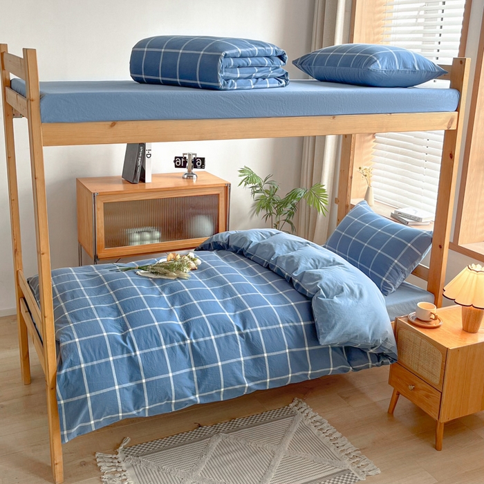 91家纺网 家纺一手货源 找家纺 吉象 2025新款水洗棉学生三件套 大蓝格