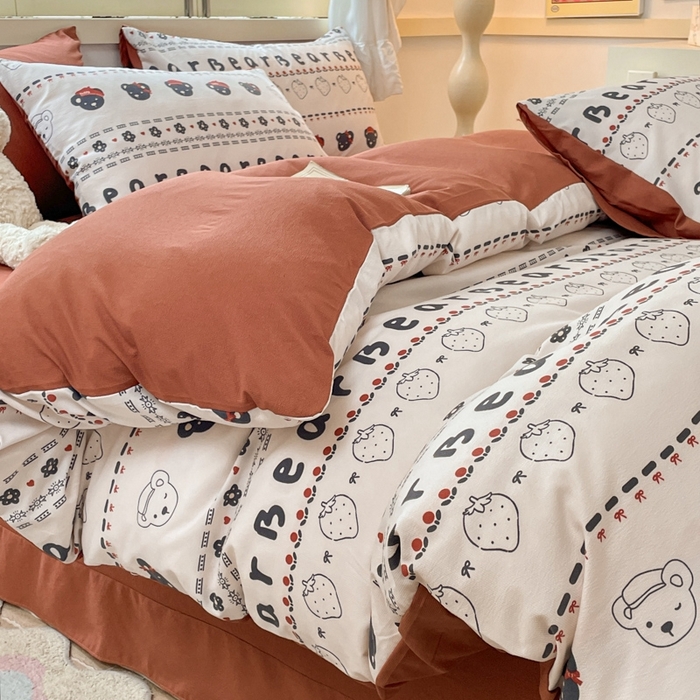 91家纺网 家纺一手货源 找家纺 玉海棠 2024新款AB版软糯针织棉印花四件套 草莓熊-