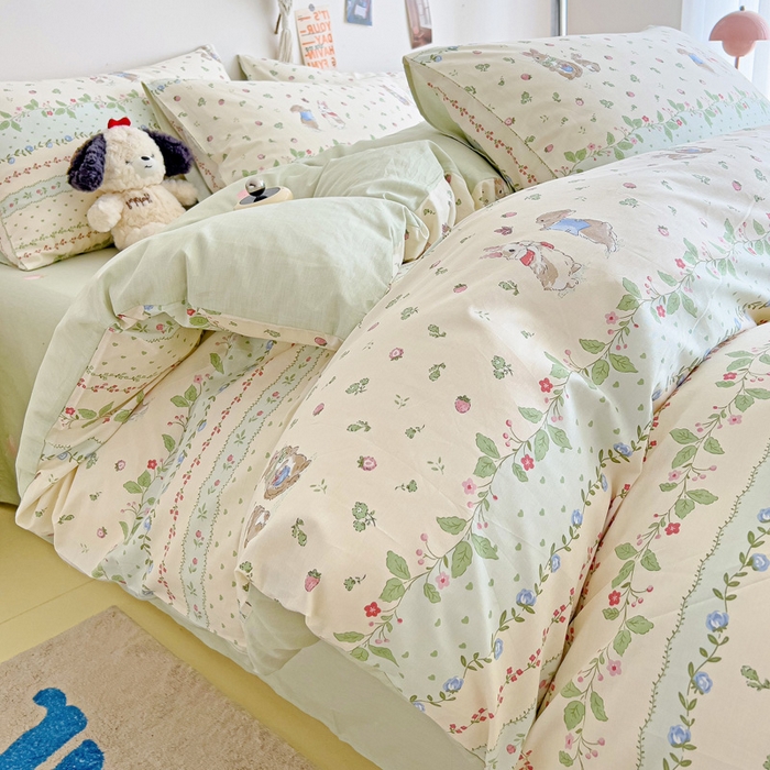 91家纺网 家纺一手货源 找家纺 西引力 2024新款全棉印花四件套 草莓小兔