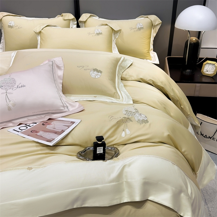 91家纺网 家纺一手货源 找家纺 美娘阁2025新款双股长绒棉居家款四件套 凯瑟琳-香槟黄