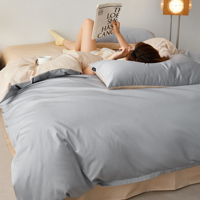 91家纺网 家纺一手货源 找家纺 安莱生活 2024新款100s全棉贡缎四件套 红灰-棕灰