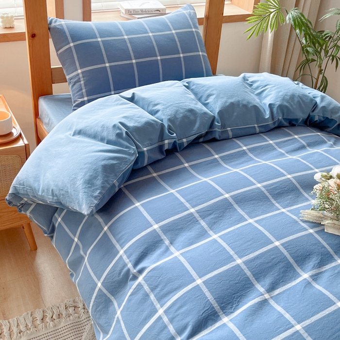 91家纺网 家纺一手货源 找家纺 吉象 2025新款水洗棉学生三件套 大蓝格