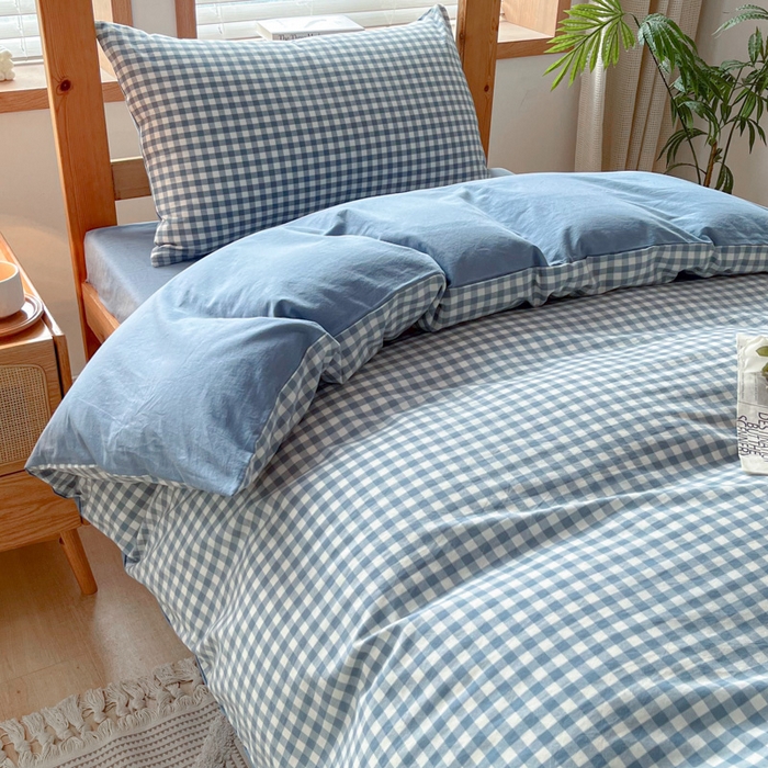 91家纺网 家纺一手货源 找家纺 吉象 2025新款水洗棉学生三件套 蓝小格