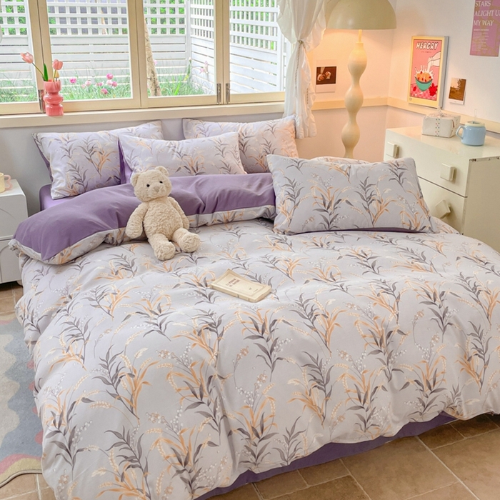 91家纺网 家纺一手货源 找家纺 玉海棠 2024新款AB版软糯针织棉印花四件套 大麦-紫-