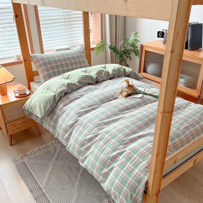 91家纺网 家纺一手货源 找家纺 吉象 2025新款水洗棉学生三件套 初晴绿