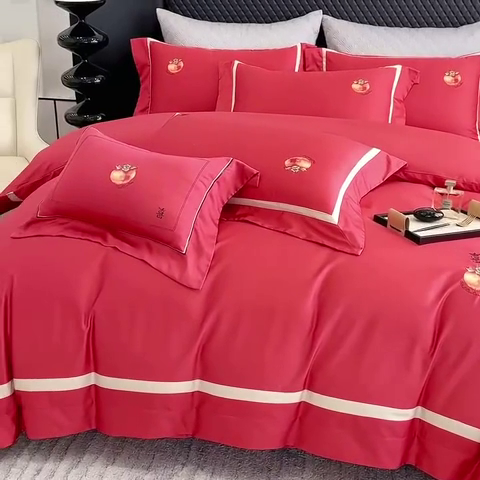 91家纺网 家纺一手货源 找家纺 美娘阁2025新款双股长绒棉居家款四件套 好柿连连-酒红