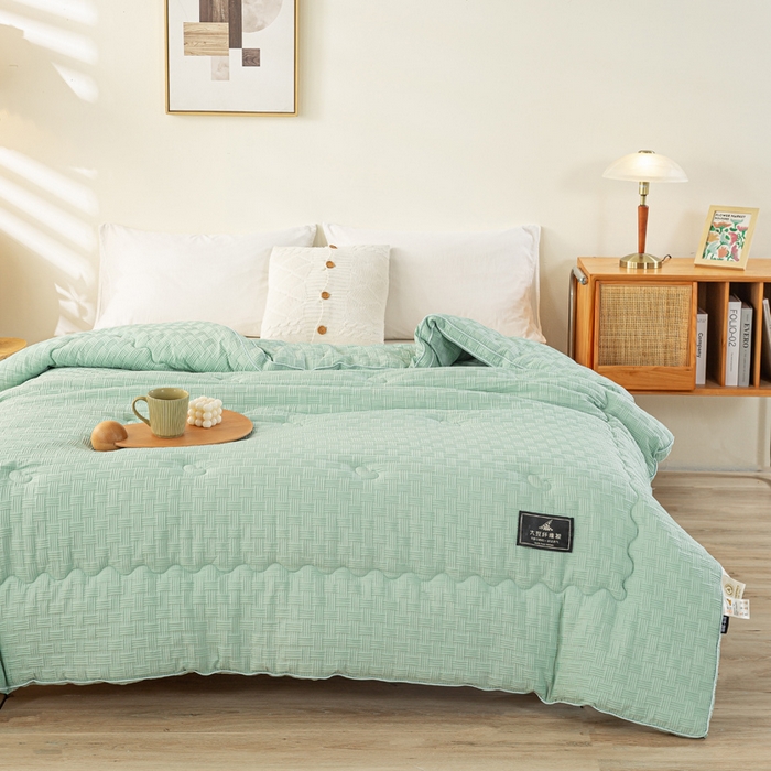 91家纺网 家纺一手货源 找家纺 居易简 2025秋冬新款直播华夫格大豆被冬被立体包边订棉工艺水洗棉大豆被 清新绿