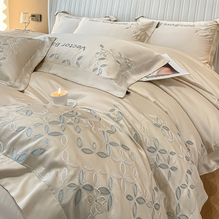  轻奢风100支兰精天丝四件套真丝纯色刺绣酒店2023直播爆款床上用品丝滑柔软床笠款 唐云-香草杏