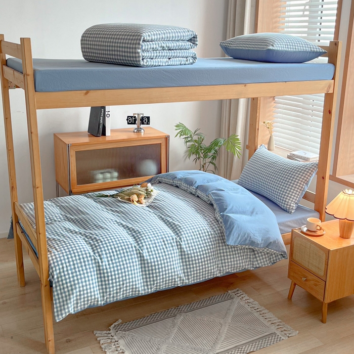 91家纺网 家纺一手货源 找家纺 吉象 2025新款水洗棉学生三件套 蓝小格