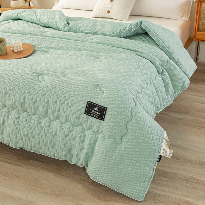 91家纺网 家纺一手货源 找家纺 居易简 2025秋冬新款直播华夫格大豆被冬被立体包边订棉工艺水洗棉大豆被 清新绿
