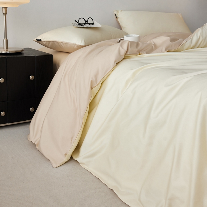 91家纺网 家纺一手货源 找家纺 安莱生活 2024新款100s全棉贡缎四件套 月光白-棕灰