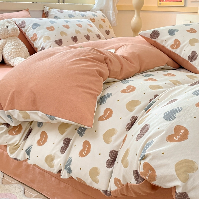 91家纺网 家纺一手货源 找家纺 玉海棠 2024新款AB版软糯针织棉印花四件套 比心-