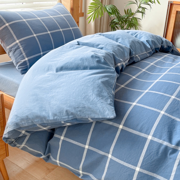 91家纺网 家纺一手货源 找家纺 吉象 2025新款水洗棉学生三件套 大蓝格