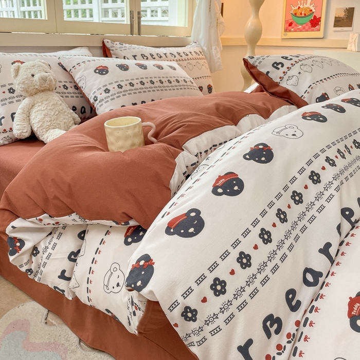 91家纺网 家纺一手货源 找家纺 玉海棠 2024新款AB版软糯针织棉印花四件套 草莓熊-