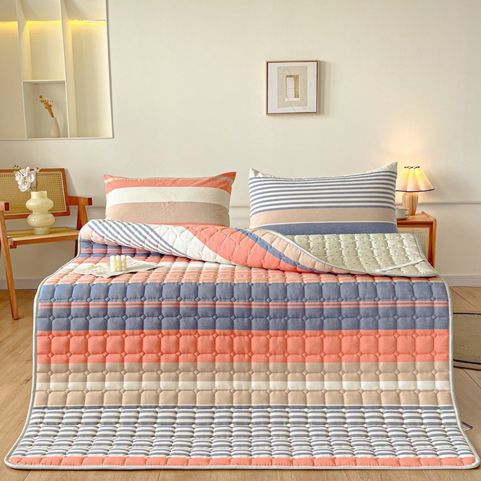 91家纺网 家纺一手货源 找家纺 卡伦家纺 2025新款全棉色织水洗棉夹棉床垫席梦思保护垫 橘兰咖条