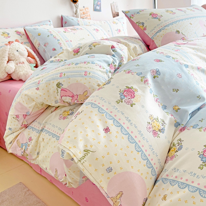 91家纺网 家纺一手货源 找家纺 西引力 2024新款全棉印花四件套 花园兔兔