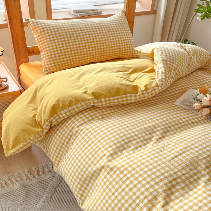 91家纺网 家纺一手货源 找家纺 吉象 2025新款水洗棉学生三件套 黄小格